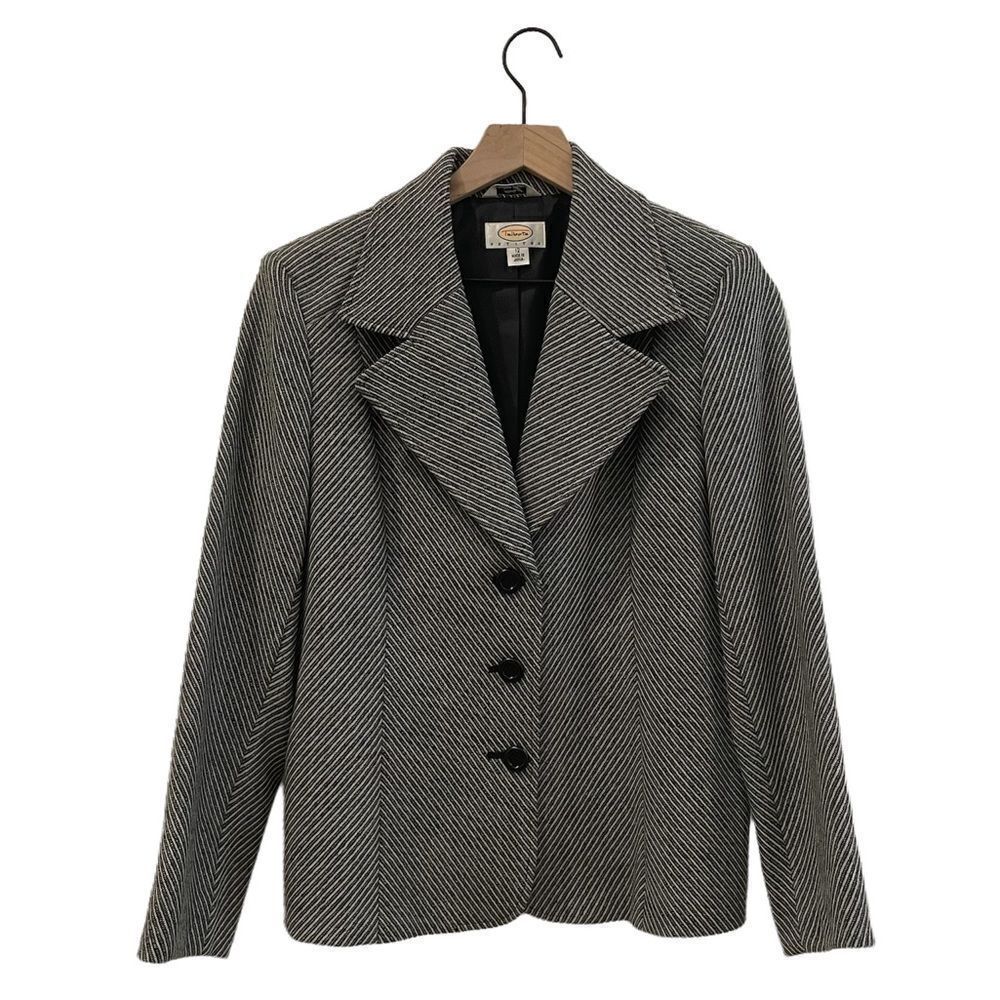 Talbots Petites Black White Italian Wool Striped Blazer‎ Jacket Size 12P Japan